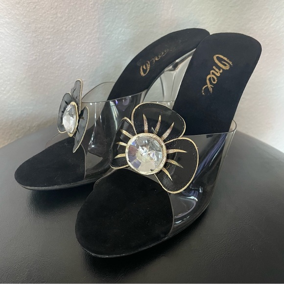 Onex Transparent Lucite Heels with Leather Crystal Flower Accent Suede - Picture 1 of 8